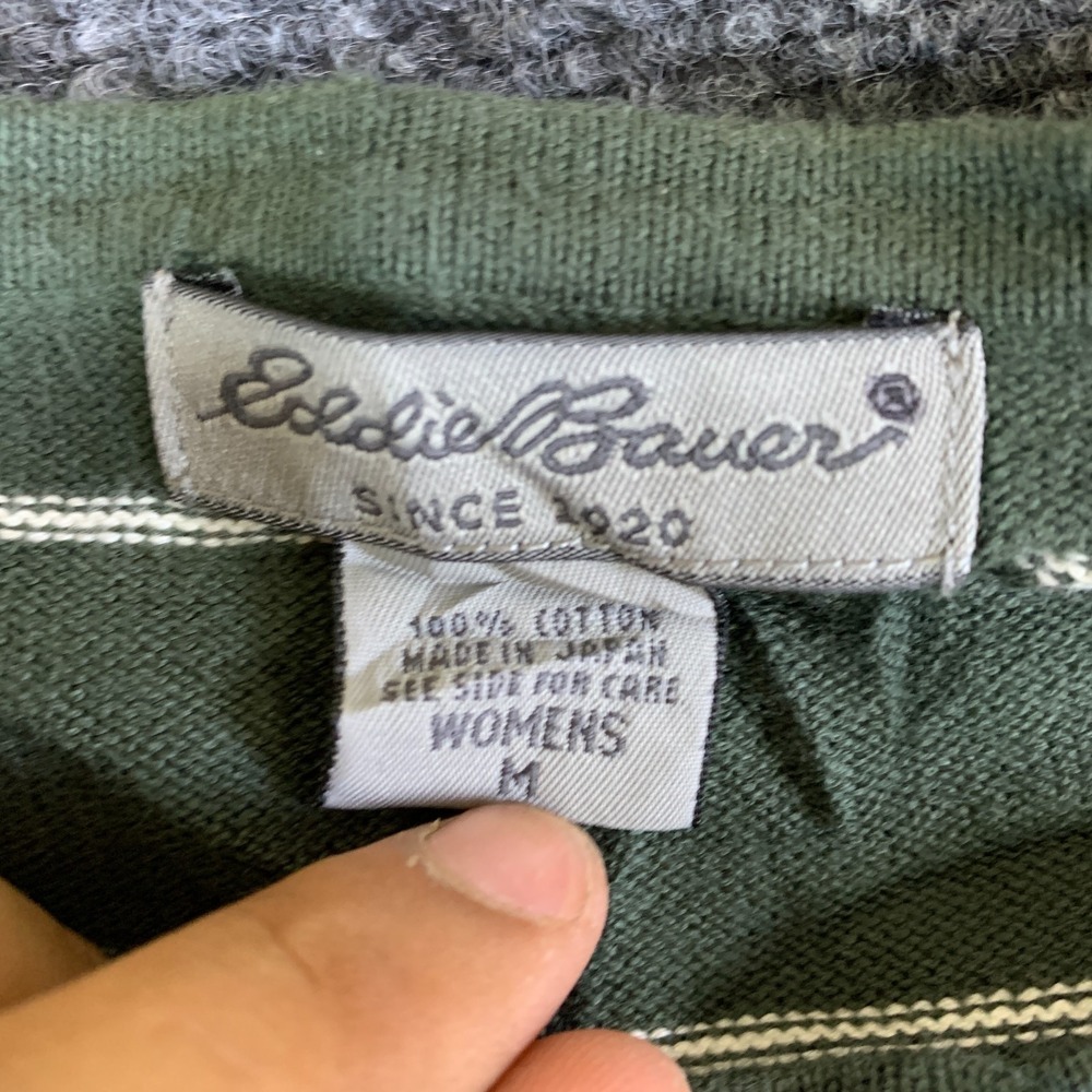 Eddie Bauer Cardigan Sweater Womens Medium Olive Green White Stripe Button Front - Picture 6 of 10